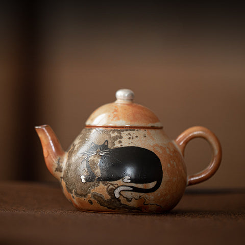 Shino Cat Series Ceramic Teapot with Built-in Filter for Tea Brewing, Personal Teapot - theTeaCloud