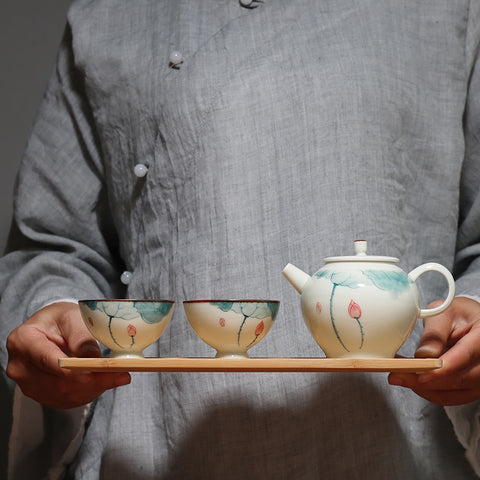 Hand Painted Mini Lotus Graphic Porcelain Tea Set, 1 Teapot with 2 Teacups, Gift Package