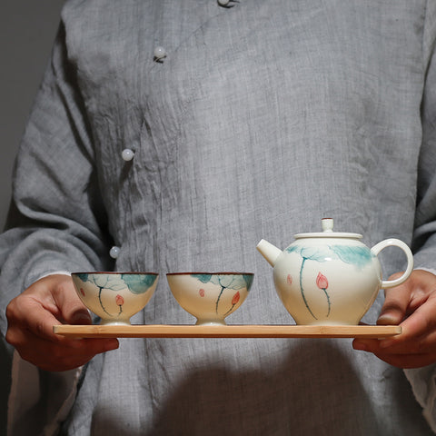 Hand Painted Mini Lotus Graphic Porcelain Tea Set, 1 Teapot with 2 Teacups, Gift Package - theTeaCloud