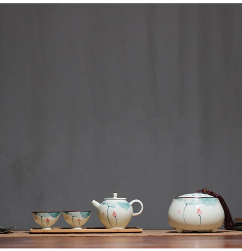 Hand Painted Mini Lotus Graphic Porcelain Tea Set, 1 Teapot with 2 Teacups, Gift Package - theTeaCloud
