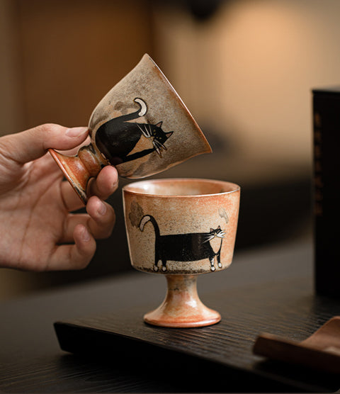 Shino Cat Vintage Style Hand-Painted Mini Ceramic Goblet - theTeaCloud