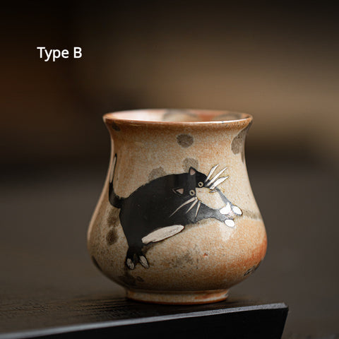 Shino Cat Vintage Style Hand-Painted Ceramic Teacup, Personal Teacup - theTeaCloud