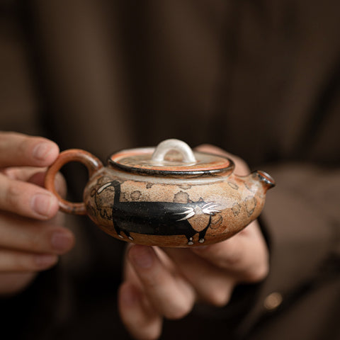 Shino Cat Vintage Style Hand-Painted Mini Ceramic Teapot with Built-in Filter for Tea Brewing - theTeaCloud