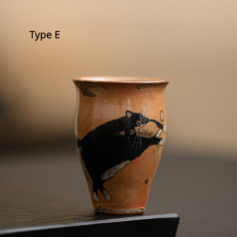 Shino Cat Vintage Style Hand-Painted Mini Ceramic Teacup in Tall Shape - theTeaCloud