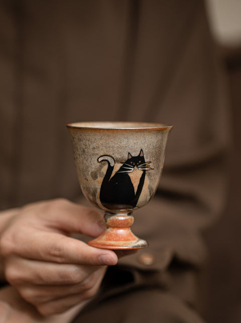 Shino Cat Vintage Style Hand-Painted Mini Ceramic Goblet - theTeaCloud