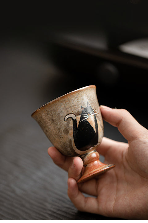 Shino Cat Vintage Style Hand-Painted Mini Ceramic Goblet - theTeaCloud