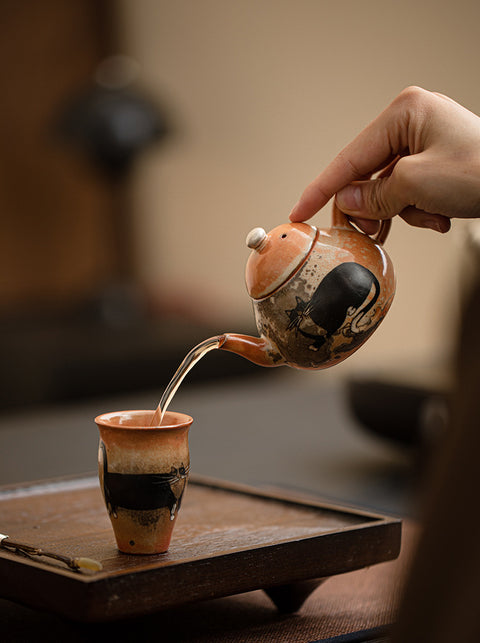 Shino Cat Series Ceramic Teapot with Built-in Filter for Tea Brewing, Personal Teapot - theTeaCloud