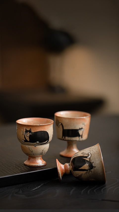 Shino Cat Vintage Style Hand-Painted Mini Ceramic Goblet - theTeaCloud