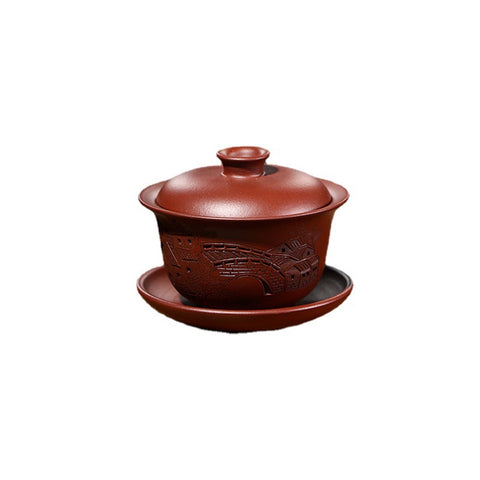 Handmade Yixing Purple Zisha Clay Gaiwan Gongfu Teacup with Hand-Carved Graphic - theTeaCloud