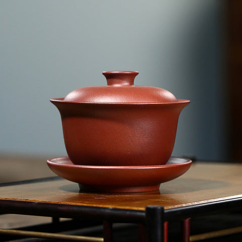 Handmade Yixing Purple Zisha Clay Gaiwan Gongfu Teacup with Hand-Carved Graphic - theTeaCloud