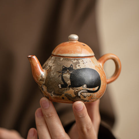 Shino Cat Series Ceramic Teapot with Built-in Filter for Tea Brewing, Personal Teapot - theTeaCloud