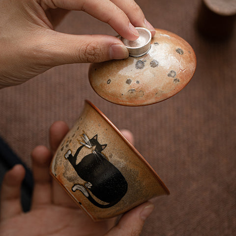 Shino Cat Series Japanese Vintage Style Handmade Ceramic Gaiwan Teacup - theTeaCloud