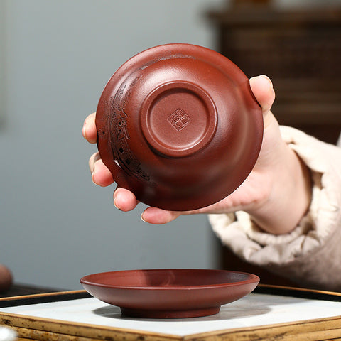 Handmade Yixing Purple Zisha Clay Gaiwan Gongfu Teacup with Hand-Carved Graphic - theTeaCloud