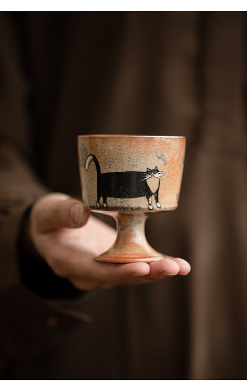 Shino Cat Vintage Style Hand-Painted Mini Ceramic Goblet - theTeaCloud