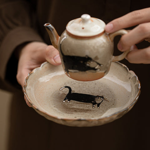 Shino Cat Vintage Style Ceramic Teapot Stand, Tea Plate - theTeaCloud