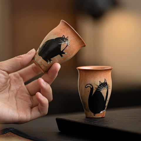 Shino Cat Vintage Style Hand-Painted Mini Ceramic Teacup in Tall Shape - theTeaCloud