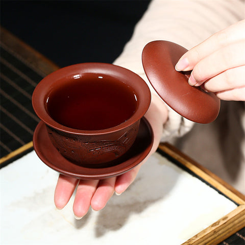 Handmade Yixing Purple Zisha Clay Gaiwan Gongfu Teacup with Hand-Carved Graphic - theTeaCloud