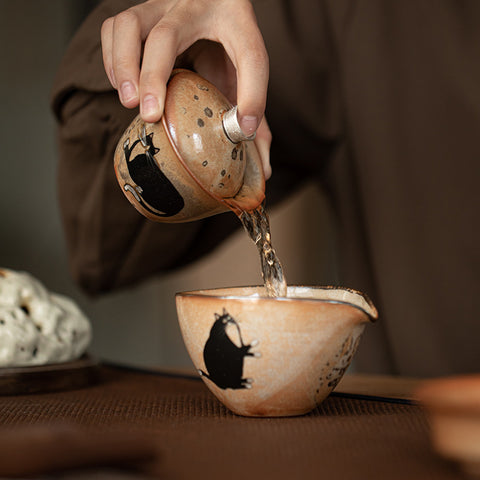 Shino Cat Series Japanese Vintage Style Handmade Ceramic Gaiwan Teacup - theTeaCloud