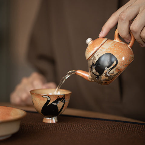 Shino Cat Series Ceramic Teapot with Built-in Filter for Tea Brewing, Personal Teapot - theTeaCloud