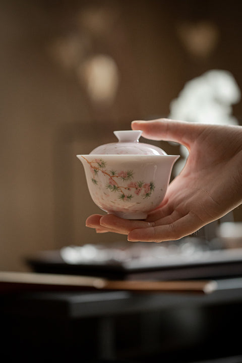 Japanese-Style Hand-Painted Pink Cherry Blossom Gaiwan, 140ml Capacity