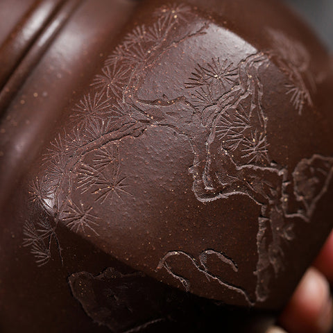 Handmadet Yixing Purple Zisha Clay Teapot with Carved Graphic, 280ml Capacity - theTeaCloud