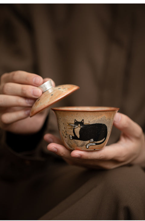 Shino Cat Series Japanese Vintage Style Handmade Ceramic Gaiwan Teacup - theTeaCloud