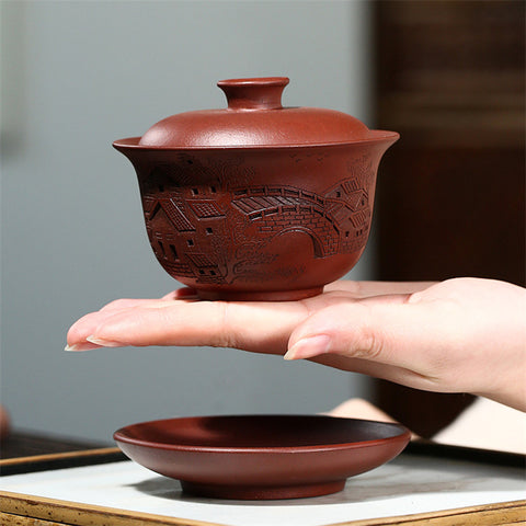 Handmade Yixing Purple Zisha Clay Gaiwan Gongfu Teacup with Hand-Carved Graphic - theTeaCloud