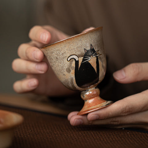 Shino Cat Vintage Style Hand-Painted Mini Ceramic Goblet - theTeaCloud
