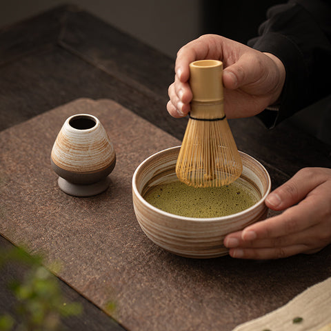 the TeaCloud - Japanese Matcha Tea Ceremony Set - Bamboo Whisk, Tea Bowl, and Tea Whisk Holder Set - theTeaCloud