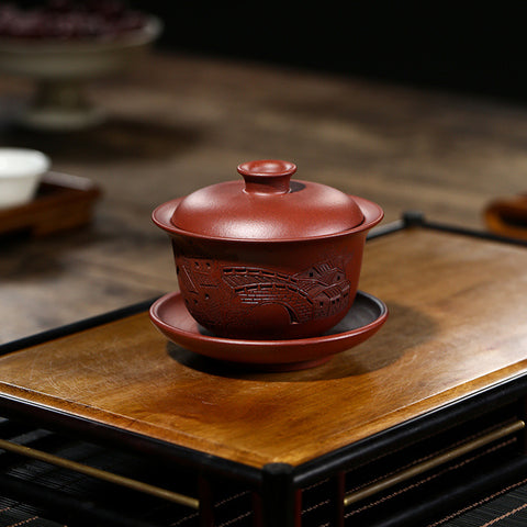 Handmade Yixing Purple Zisha Clay Gaiwan Gongfu Teacup with Hand-Carved Graphic - theTeaCloud