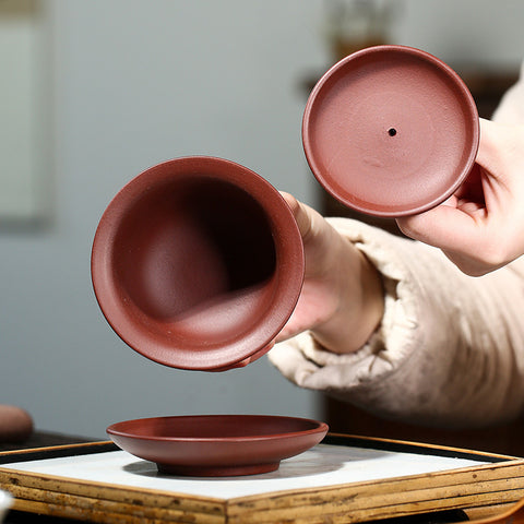 Handmade Yixing Purple Zisha Clay Gaiwan Gongfu Teacup with Hand-Carved Graphic - theTeaCloud