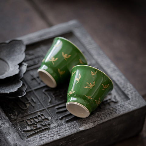 Emerald Green and Gold Water Orchid Gaiwan Teacup Set, Kungfu Tea Cups, 150ml Large Capacity - theTeaCloud