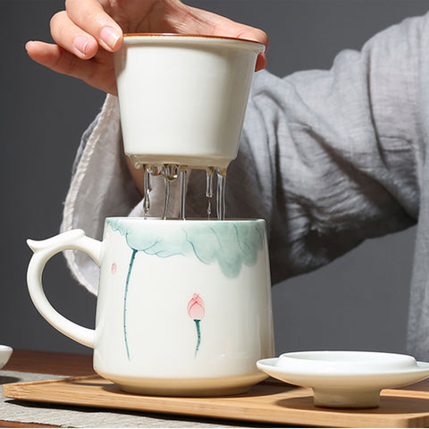 Hand Painted Large Size Ceramic Tea Mugs with Lid and Tea Strainer in Lotus Graphic