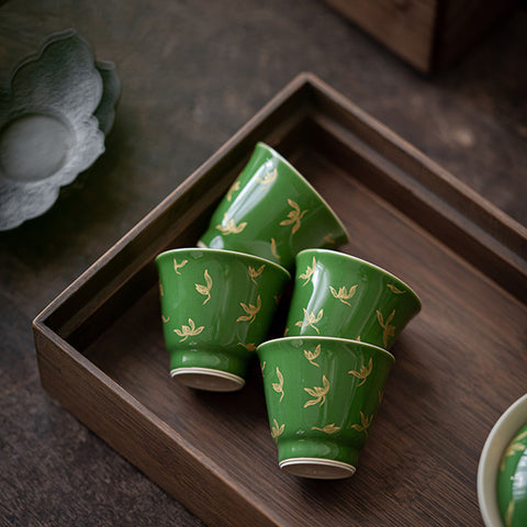 Emerald Green and Gold Water Orchid Gaiwan Teacup Set, Kungfu Tea Cups, 150ml Large Capacity