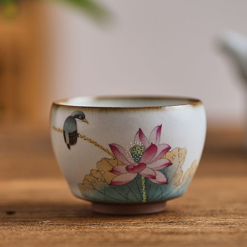 Hand Painted Lotus and Bird Chinese Teapot and Teacup