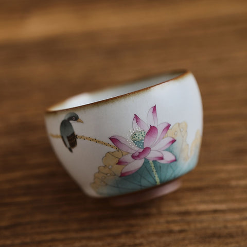 Hand Painted Lotus and Bird Chinese Teapot and Teacup