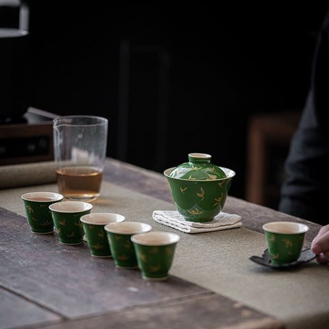 Emerald Green and Gold Water Orchid Gaiwan Teacup Set, Kungfu Tea Cups, 150ml Large Capacity - theTeaCloud