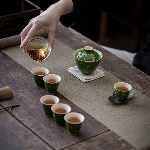 Emerald Green and Gold Water Orchid Gaiwan Teacup Set, Kungfu Tea Cups, 150ml Large Capacity - theTeaCloud