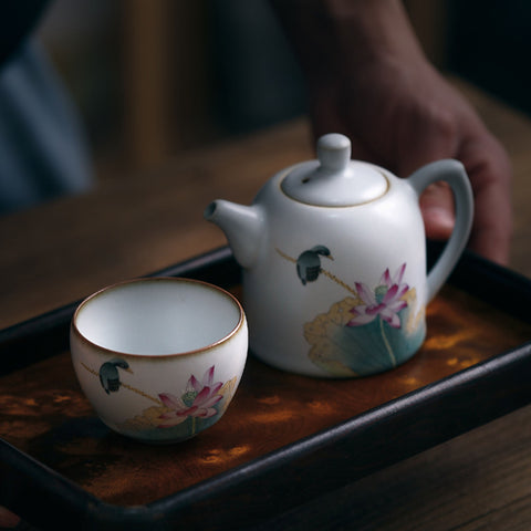 Hand Painted Lotus and Bird Chinese Teapot and Teacup