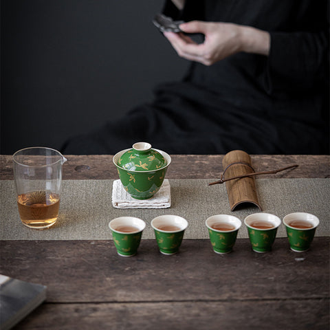 Emerald Green and Gold Water Orchid Gaiwan Teacup Set, Kungfu Tea Cups, 150ml Large Capacity