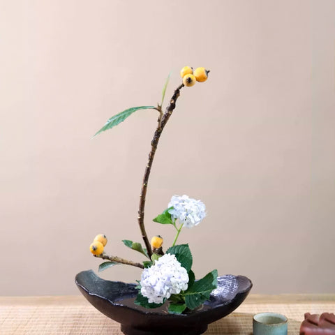 Handmade Petal Shape Ceramic Ikebana Vase, Kenzan Flower Frog Included