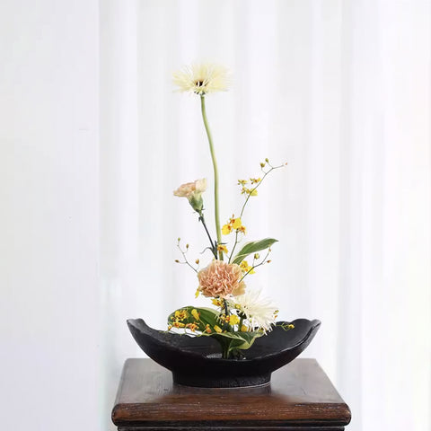 Handmade Petal Shape Ceramic Ikebana Vase, Kenzan Flower Frog Included