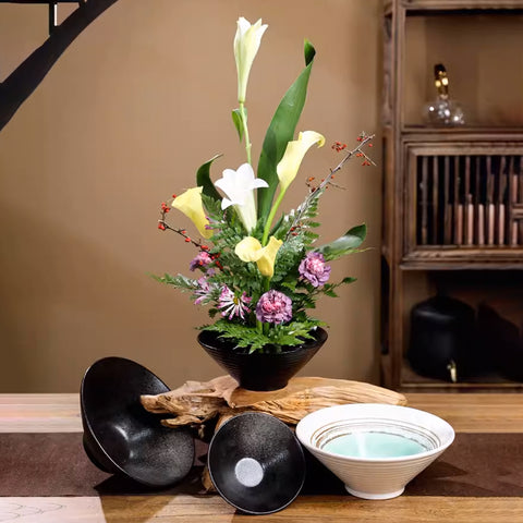 Handmade Ceramic Ikebana Bowl, Kenzan Flower Frog Included - theTeaCloud