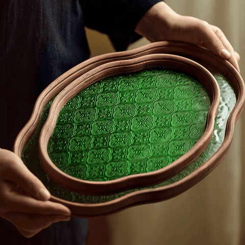 Begonia Flower Shape Oriental Style Glass and Bamboo Tea Tray/Serving Tray/Storage Tray - theTeaCloud