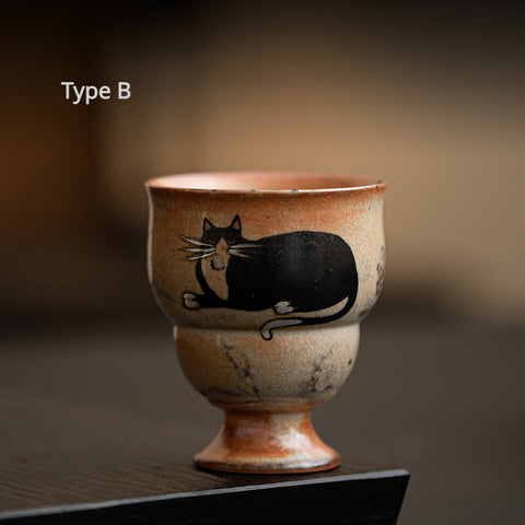 Shino Cat Vintage Style Hand-Painted Mini Ceramic Goblet - theTeaCloud