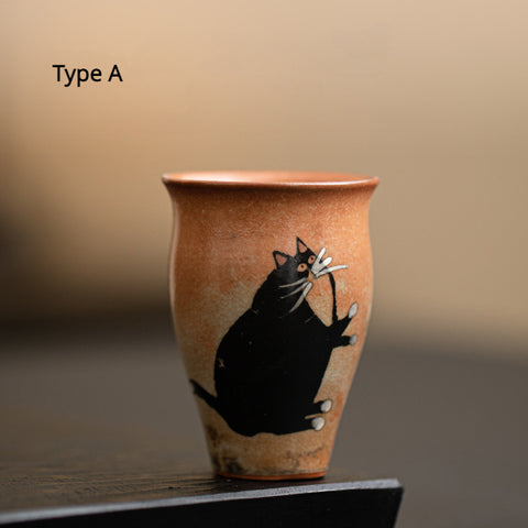 Shino Cat Vintage Style Hand-Painted Mini Ceramic Teacup in Tall Shape - theTeaCloud