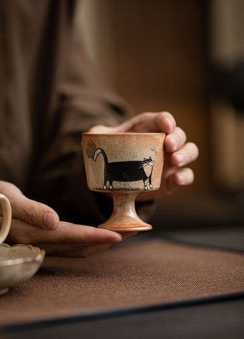 Shino Cat Vintage Style Hand-Painted Mini Ceramic Goblet - theTeaCloud