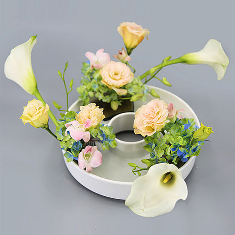 Ceramic Semi Circle Ikebana Vase, Kenzan Flower Frog Included - theTeaCloud