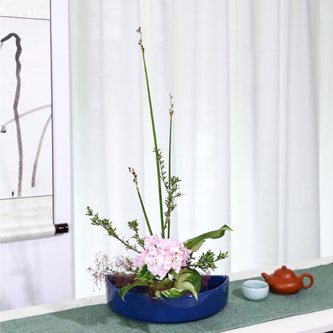 Ceramic Semi Circle Ikebana Vase, Kenzan Flower Frog Included - theTeaCloud