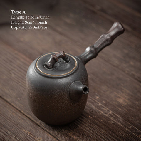 Japanese Style Ceramic Kyusu Teapot in Iron Glaze and Green Color